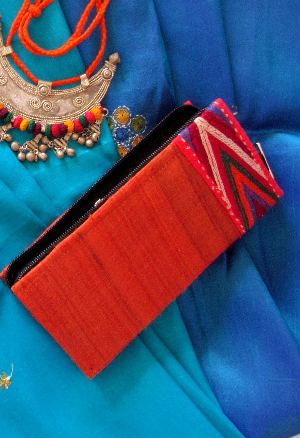 Red Banjara Hand Embroidered Raw Silk Box Clutch